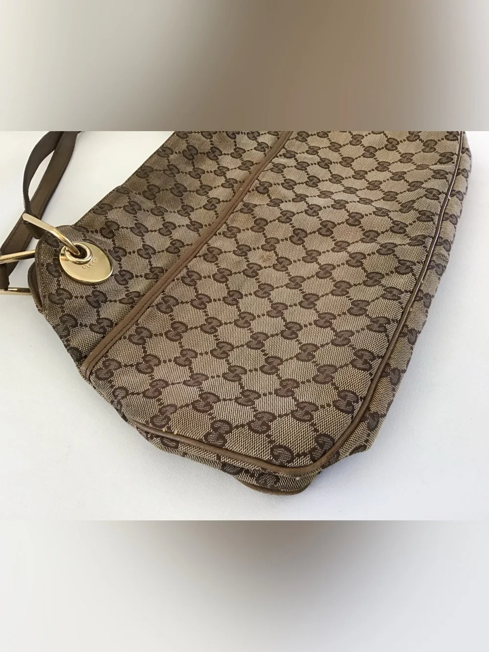 Gucci GG Canvas Eclipse Shoulder Bag Beige Brown Monogram Leather Trim Italy - Picture 3 of 15